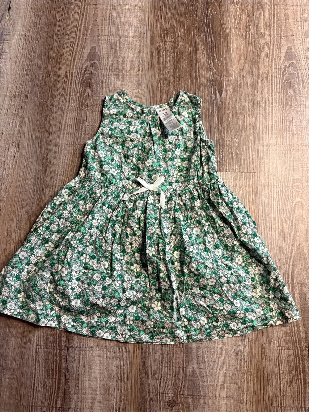 Carter's Green Floral Sleeveless Dress with White Bow